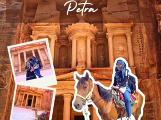 ejarah Kerajaan Petra - Dari kiri atas ke kanan: Makam Guci, Teater -Najr, Al-Khazna (Perbendaharaan), Kuil Qasr al-Bint dan pemandangan Ad Deir (Istana)